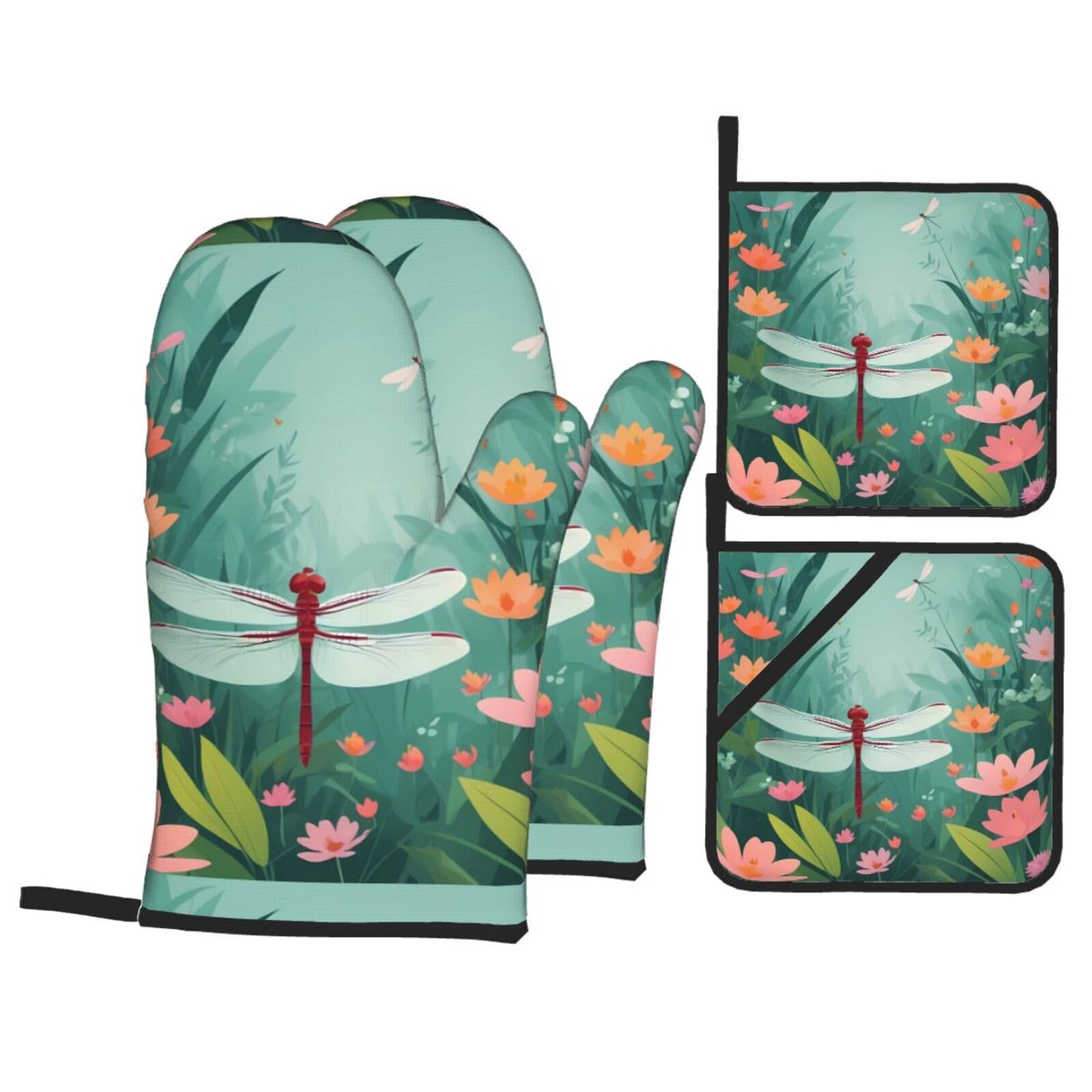 HJFCZH Dragonfly Garden Spring Picture Kitchen Baking Set of 4 Thick Insulated Oven Mitt & Pot Holders, Anti-Scalding for Microwave, Oven, Outdoor BBQ