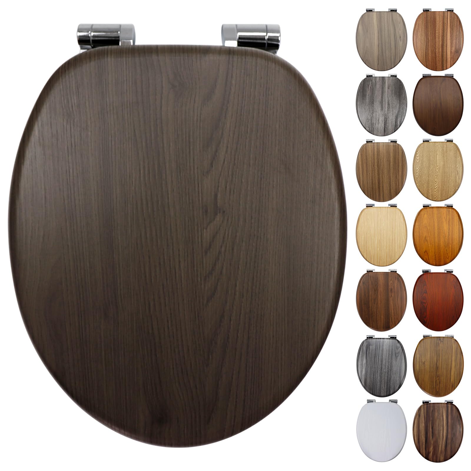 Wooden Toilet Seat with Soft Close Adjustable Solid Zinc Alloy Hinges, MDF Wood Oval Toilet Seat with Bottom Fixings, Easy to Clean and Install- 18 Inch (E183-2A)