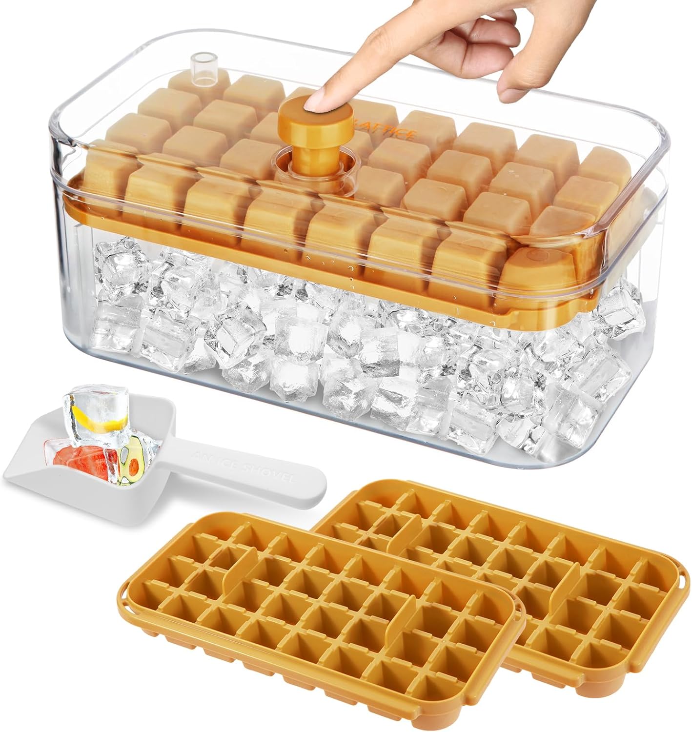 Ice Cube Tray with Lid and Bin, 2 Pack Ice Trays for Freezer, 64 PCS Ice Cube Mold with Ice Container Box & Ice Scoop for Whiskey, Cocktail, Tea, Coffee, DIY, Orange