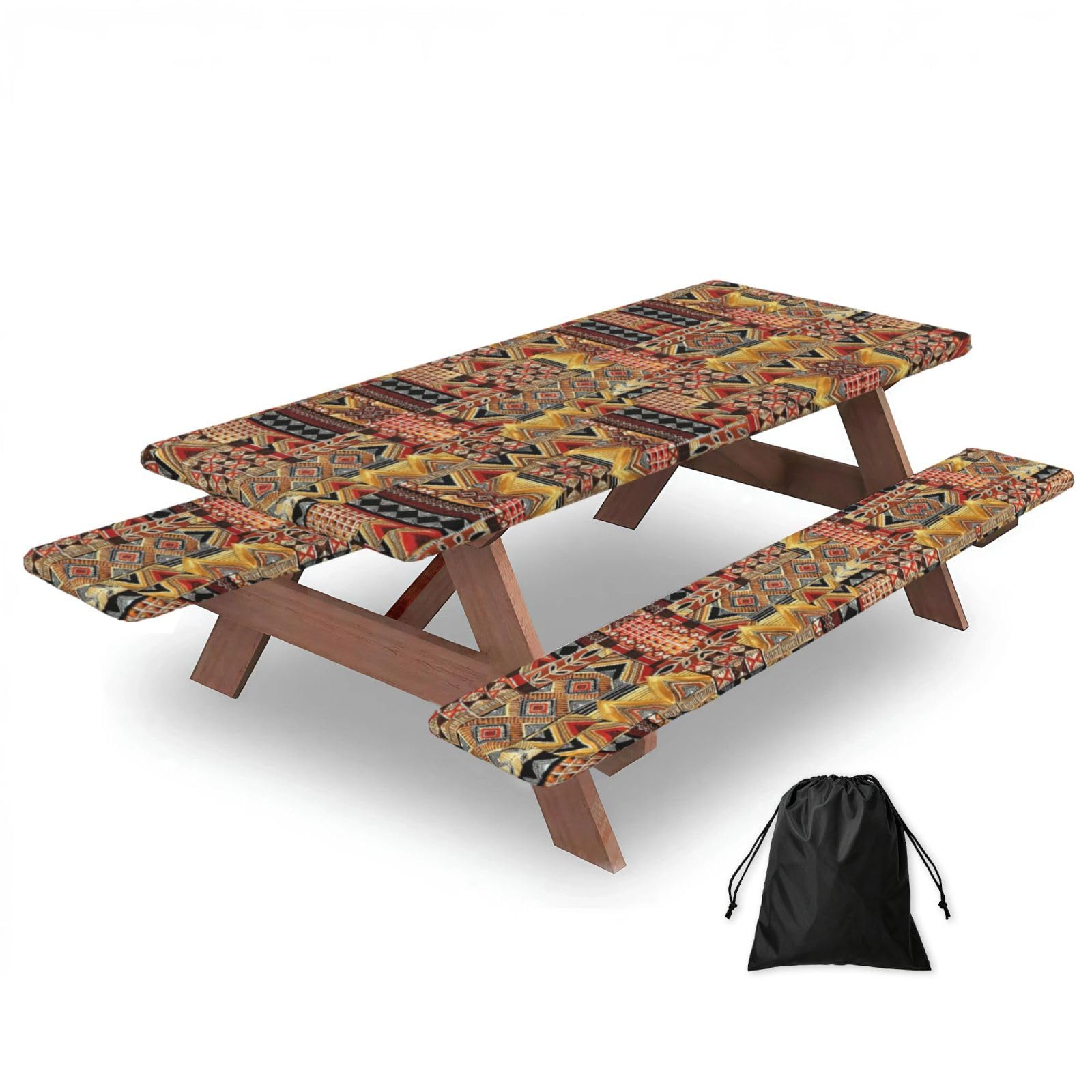 Zyjhyy Black African Textile Patchwork Print Party Table Covers With Bench Covers Set Of 3 Picnic Table Cloth Wipe Clean For Garden Camping