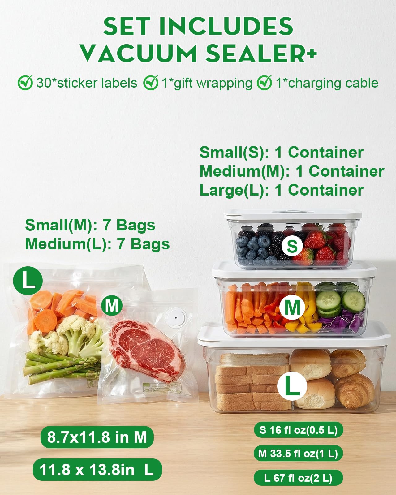 Kompaktes Vakuumiergerät für Lebensmittel (Vakuumiermaschine + 3 Vakuumbehälter + 14 wiederverwendbare Vakuumbeutel), leistungsstarke Handstaubsaugermaschine, Versiegelung von Mahlzeiten