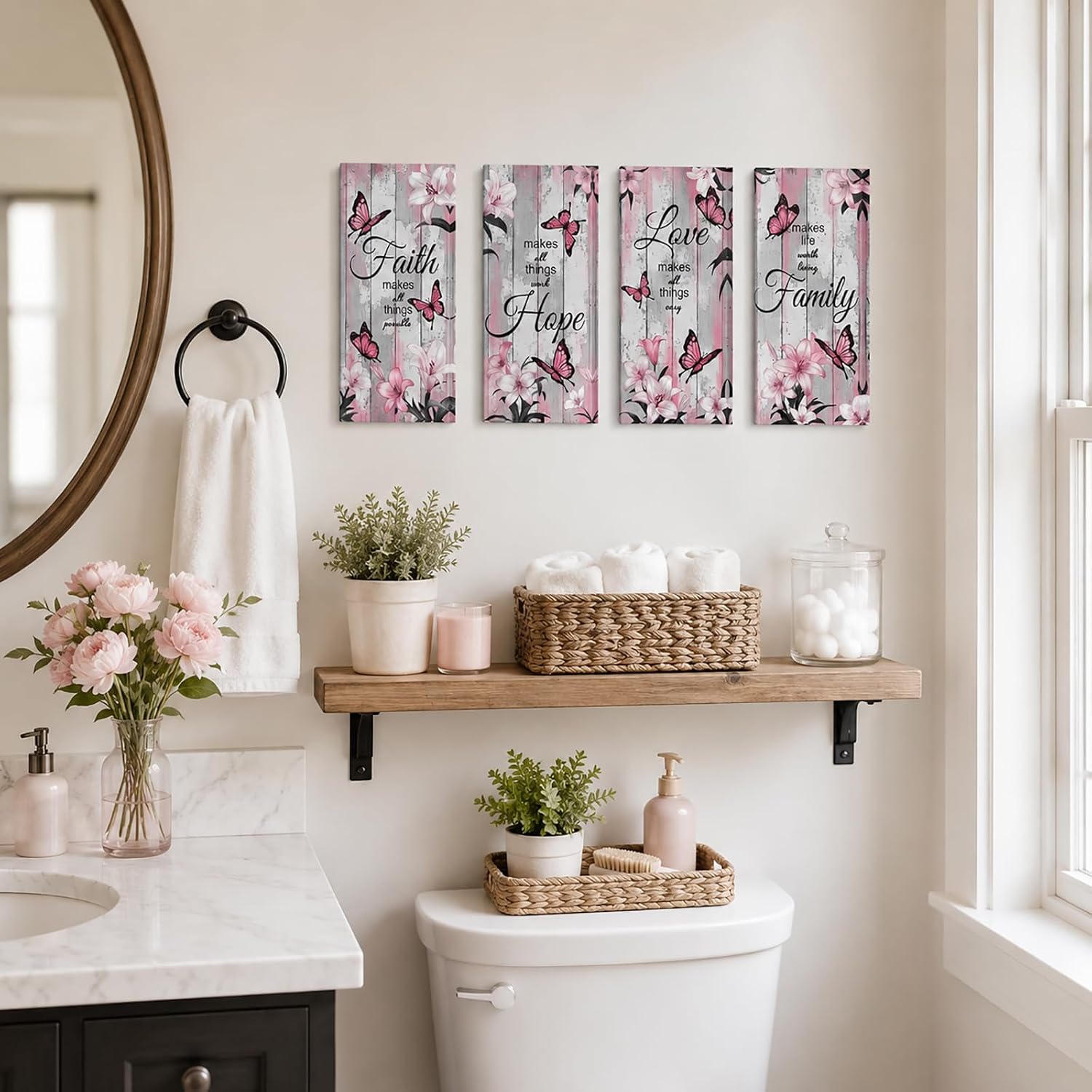 NutArtPic Faith Hope Family Love Canvas Wall Art, Pink Butterfly Floral Prints, 4 Panel Farmhouse Decor 6''x12''x4pcs (pink)