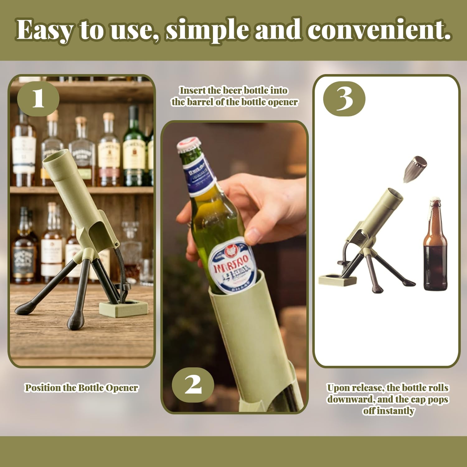 Abrebotellas de mortero 51 mm, Abridor manos libres para cerveza, Lanzador automático de tapas