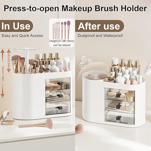 Miniatura 4 de DASITON Organizador de maquillaje con 3 cajones, soporte automático para brochas de maquillaje con tapa, organizador de maquillaje de gran capacidad