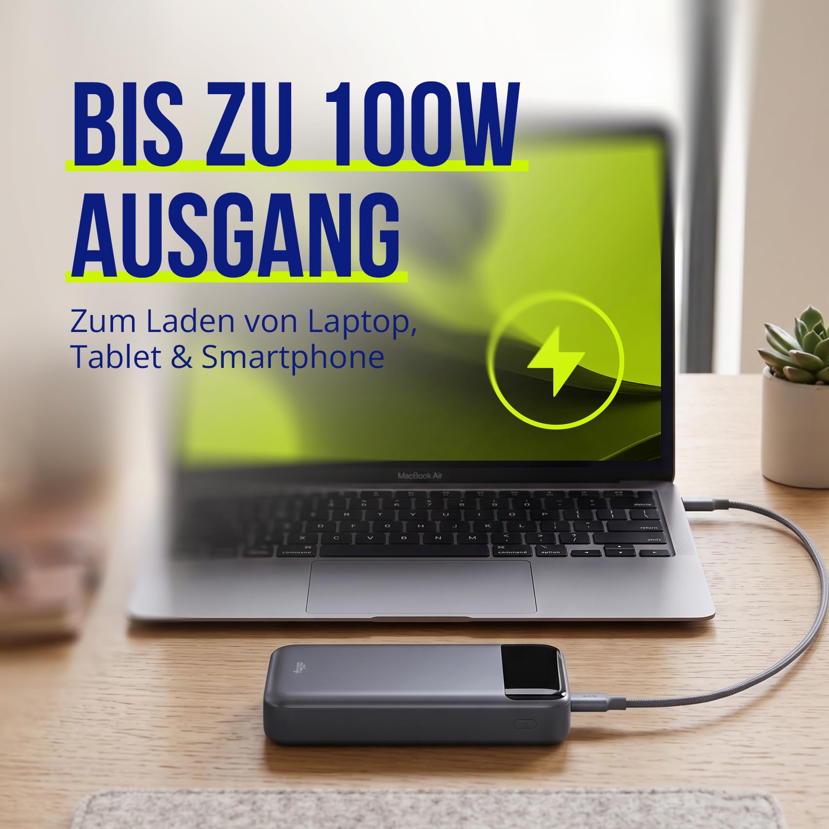 Powerbank 19200 mAh 130 W – Chargeur Rapide USB-C PD & QC pour Ordinateur Portable, téléphone Portable et Tablette – Boîtier en Aluminium, écran LCD, Compact, câble 100 W Inclus – Gris