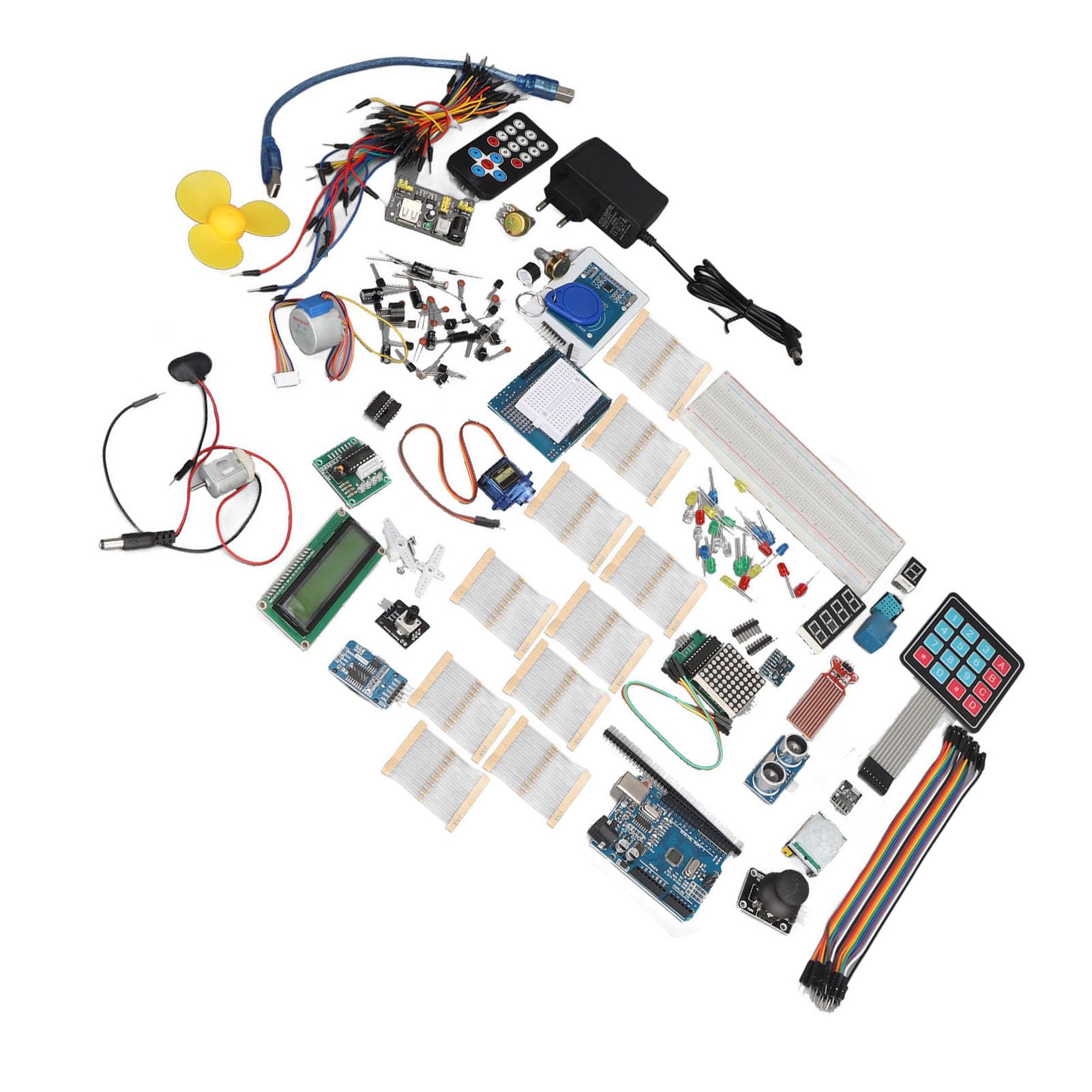 Kit de Placa de Desarrollo de Electrónica para Principiantes con Sensor Ultrasónico Placa de Pruebas LED RGB Rojo Verde Azul Amarillo Blanco LED Condensadores Sensores Transistores Relés NPN