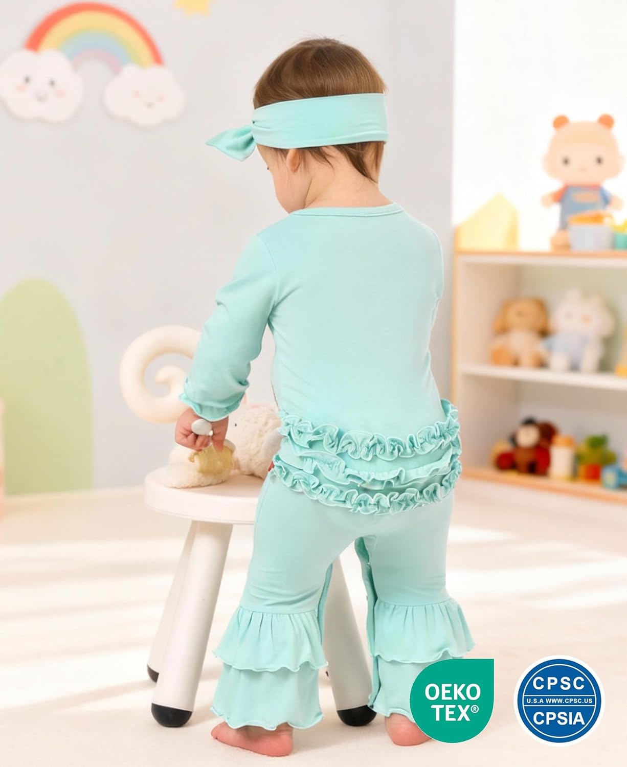 Baby Girls Clothes Newborn Ruffled Cuffs Romper Infant Bell Bottom Jumpsuit with Headband Hat