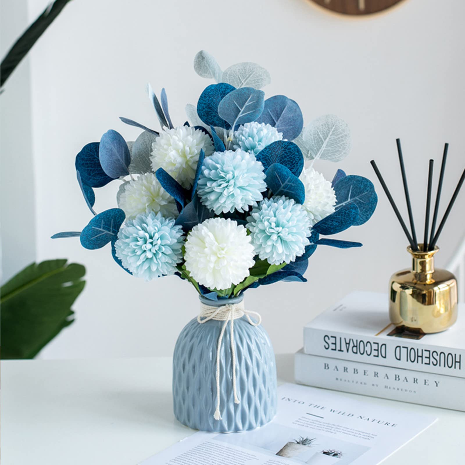 BLOSMON Kuenstliche Blumen mit Vase Tischdeko Kunstblumen im Vasen Plastik Blumenstrauss Unechte Dekoblumen Blau Seidenblumen Blumengestecke für Balkon Garten Hochzeit Wohnzimmer Drinnen Tisch Deko