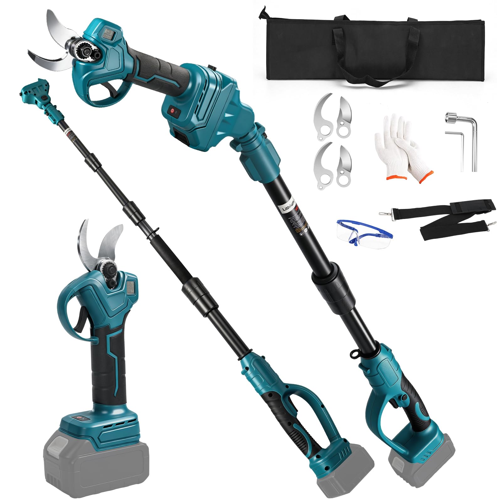 Akku Astschere Mit 2.0M Teleskop für Makita 18V (ohne Akku) 1000W | Bürstenlose Gartenschere Öffnung 45mm, Max 30mm Schnittdurchmesser, LCD Display Elektrische Schere zum Sträuchern und Ästen