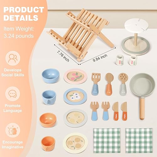 Miniatura 4 de Juego de utensilios de cocina de madera, juego de accesorios de cocina para niños pequeños, incluyendo platos de juego, sartén, vajilla, utensilios