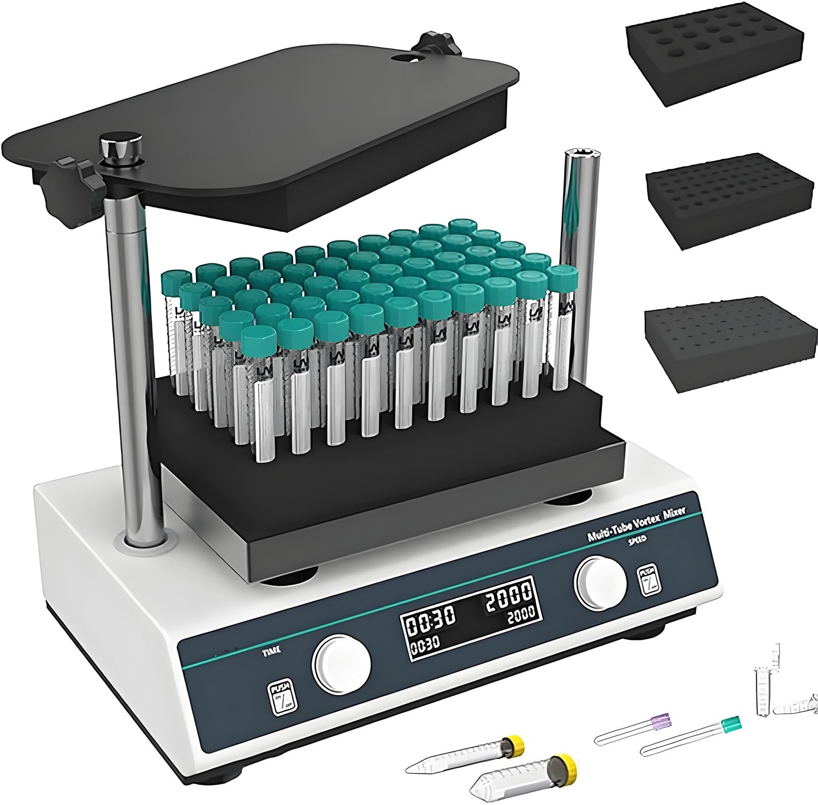 Agitador vórtex de Laboratorio con Capacidad para Tubos de 1,5 ml a 50 ml, 500-3000 RPM, 3 módulos, Control Digital, diseño Compacto para Laboratorios (420 x 280 x 335 mm)