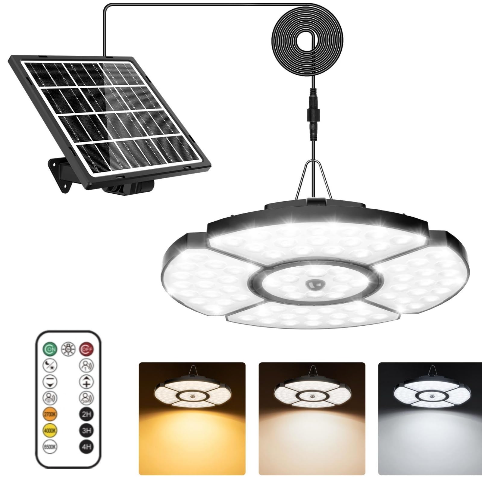 MEIKEE Luz Solar Colgante Exterior, 76 LEDs Lámpara Solar con Sensor de Movimiento, con Control Remote RF, IP65, Luz Regulable 2500-6500K, 6 Brillo, Temporizador, Función de Memoria, Cable 5 m