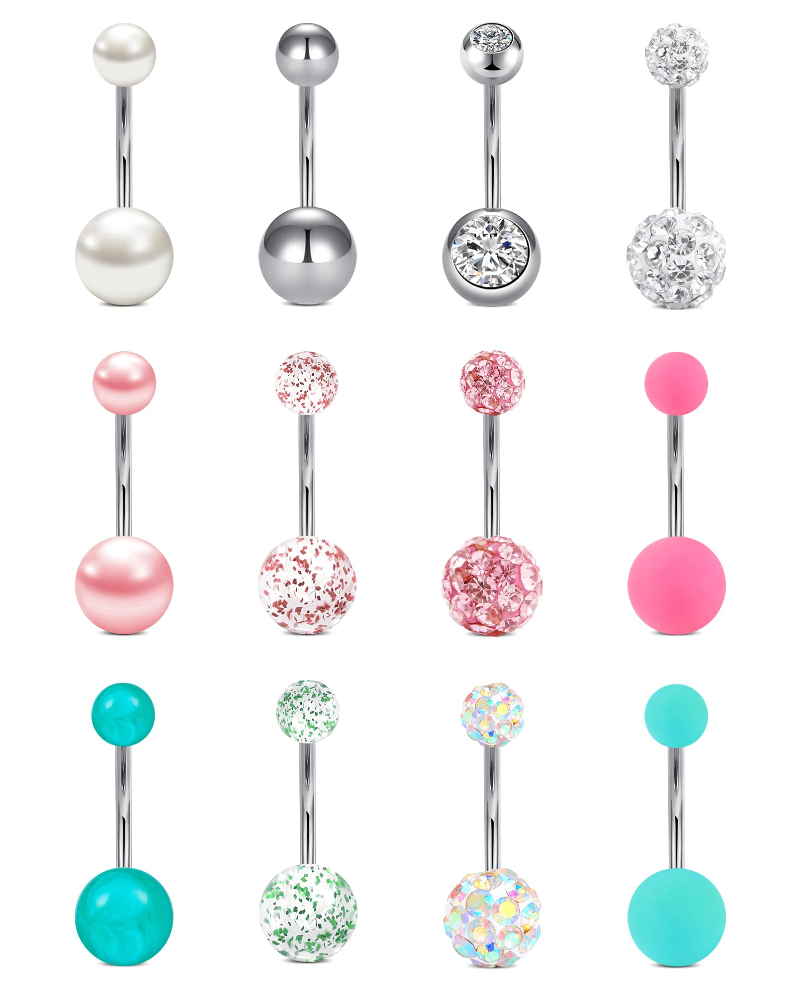 FECTAS 12pcs 14G Piercing de Ombligo de Acero quirúrgico 6/10/12/14 mm Set de Piercings de Ombligo con Piedra para Mujer Plata Rosa Verde