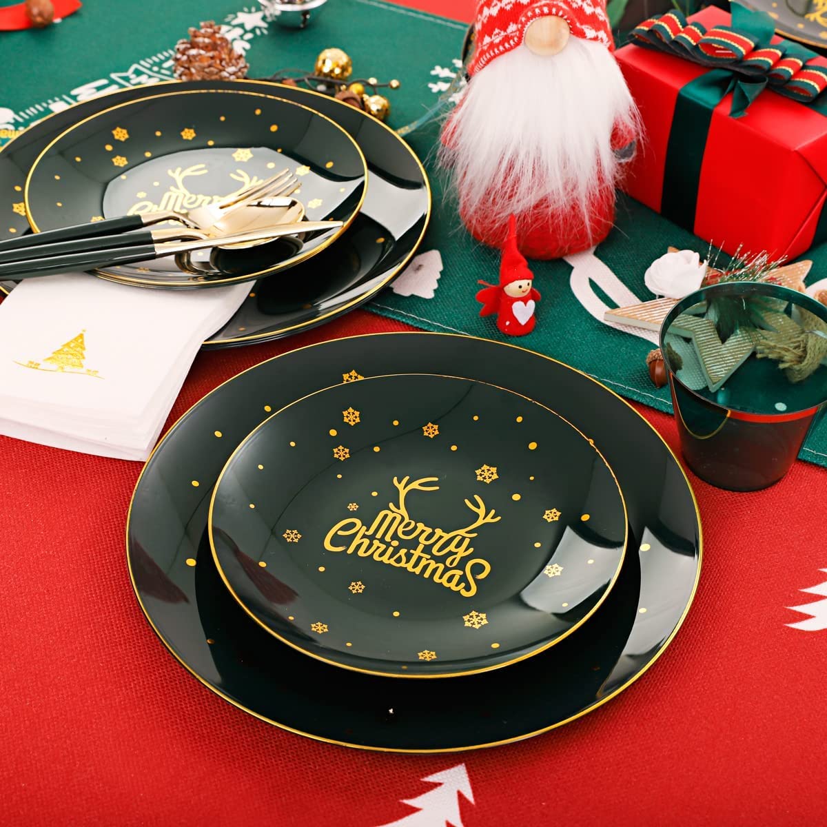 KAHEIGN 175 Pezzi Riutilizzabile Stoviglie di Natale in Plastica Verde con Bordo Oro -25 Piatti Piani, 25 Piatti Insalata, 25 Coltelli, 25 Forchette, 25 Cucchiai, 25 Tovaglioli per 25 Ospiti Festa