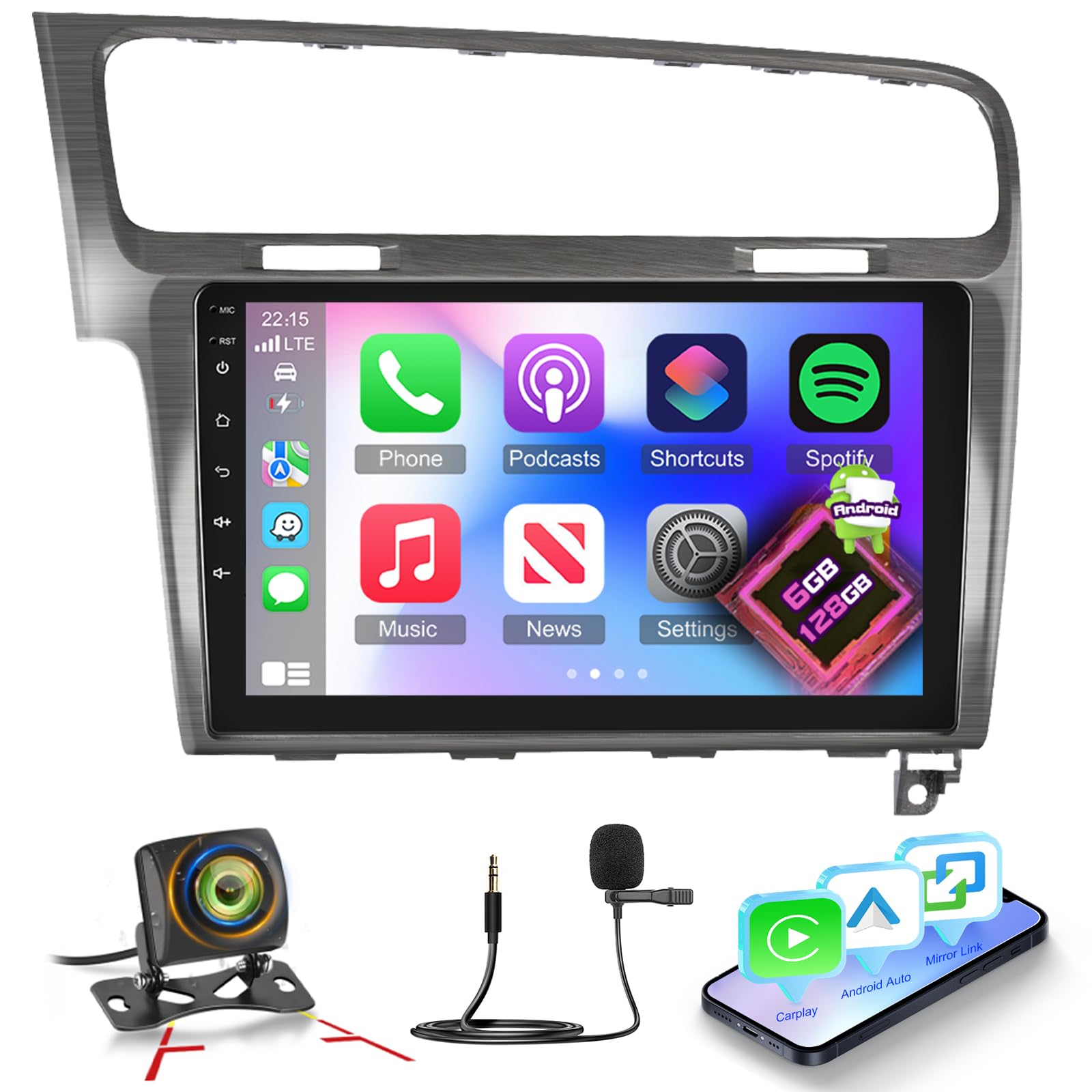 NHOPEEW Autoradio 8 Core 6+128G Android per VW Golf 7 MK7 2012-2020 con Carplay wireless e Android Auto DSP Wifi GPS Comandi al volante Vista panoramica a 360