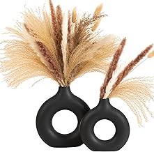 فازة حلقية سوداء من ذا سيراميك شوب | فازة زهور | فازة عشب البامباس | فازة سيراميك | فازة دائرية الشكل | قطعة مركزية لديكور المنزل | فازة بتصميم دونات - (مجموعة من قطعتين) مقاس 20 و15 سم