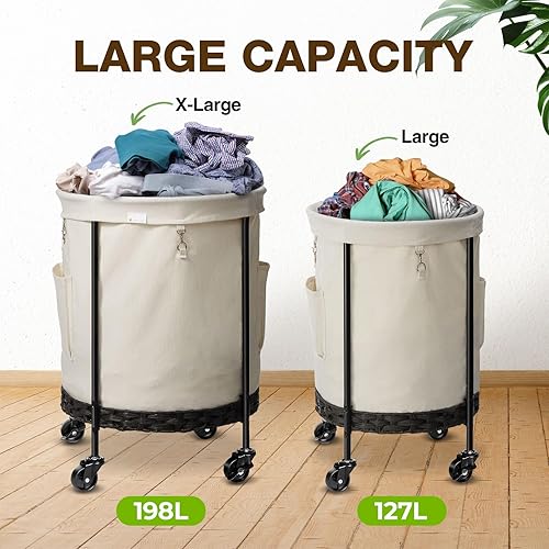 Miniatura 8 de Greenstell Cesta de lavandería con tapa, cesta grande de 33.5 galones con ruedas, carrito de lavandería redondo con marco de acero y bolsa