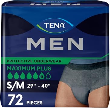 TENA Men Maximum Plus Incontinence Underwear, S/M 29-40in, Gray, 72 ct