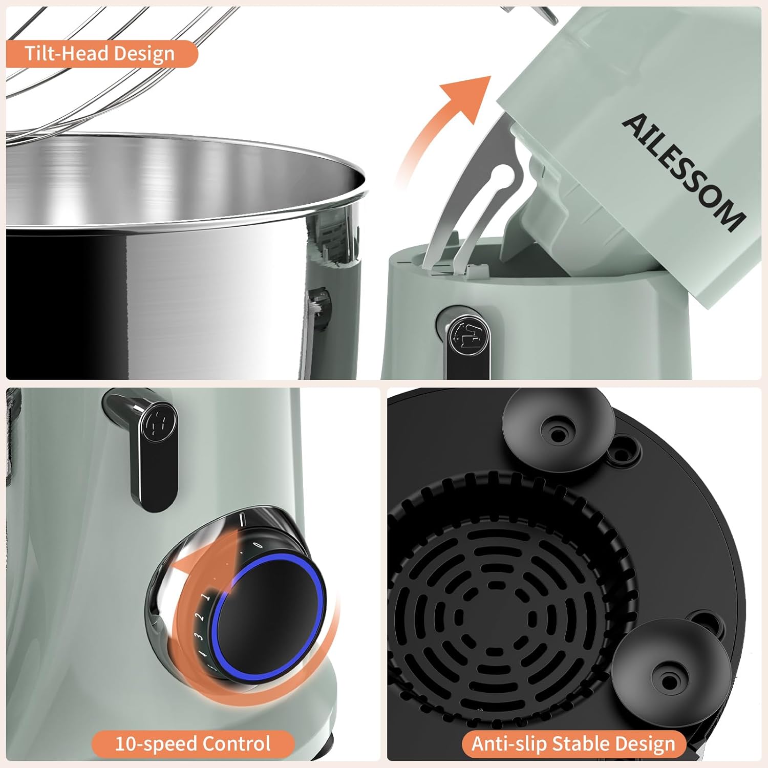 Four-panel image detailing key features: Tilt-Head Design, 10-speed Control dial with blue light, and Anti-slip Stable Design showing suction cup feet on the base.