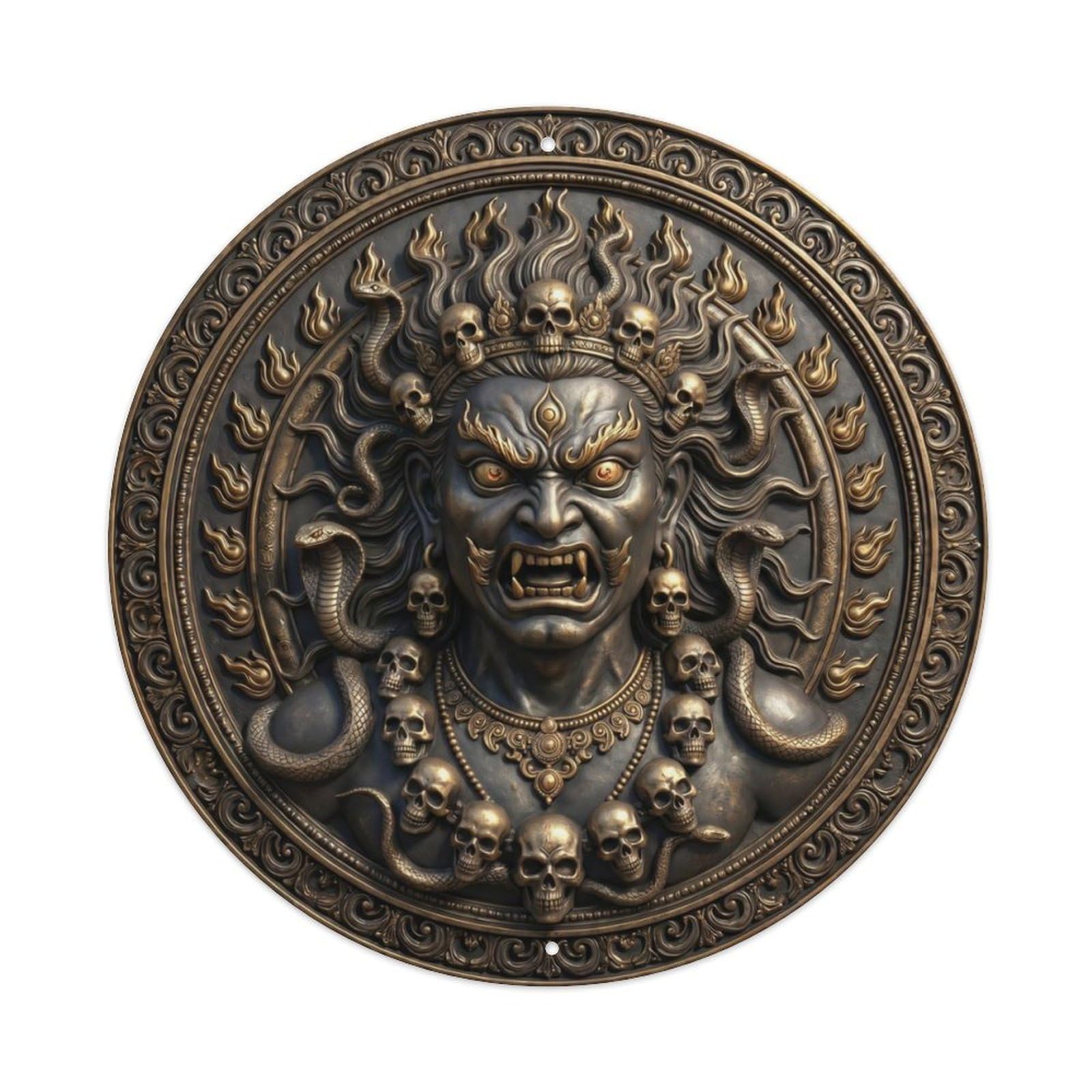 Fqcyn Style Hindu Deity Shiva Bhairava Fierce Terrifying Wrathful Relief Sculpture Metal Tin Sign Plaque Wall Decor For Cafe, Club Bar, Office, Home Garden Round Metal Poster 8X8inch