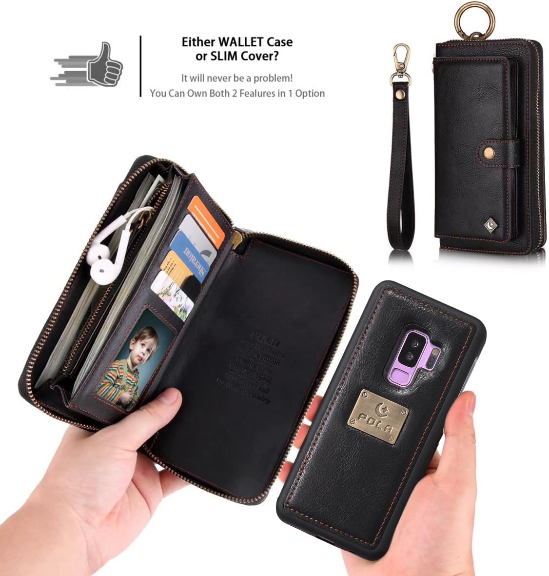 Petocase Compatible Galaxy S9 Plus Wallet Case, Multi-Functional PU Leather Zip Wristlets Clutch Detachable Magnetic 13 Card Slots & 4 Cash Pocket Protection Back Cover for Galaxy S9 Plus - Black