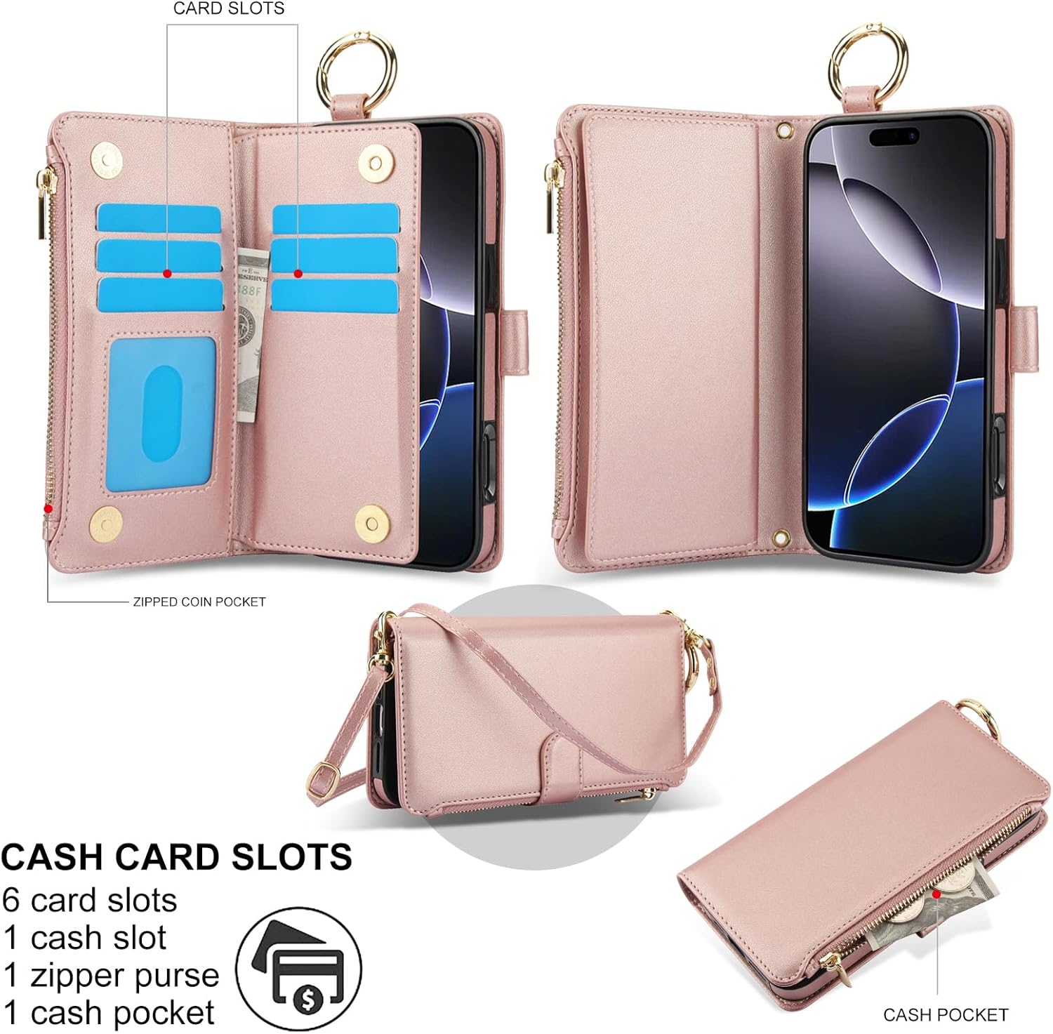 Asuwish Phone Case for iPhone 16 Pro Zipper Wallet with Screen Protector Crossbody Strap Card Holder RFID Blocking Stand Cell Cover iPhone16Pro 5G i i-Phone i16 iPhone16 16Pro Women Girls Pink