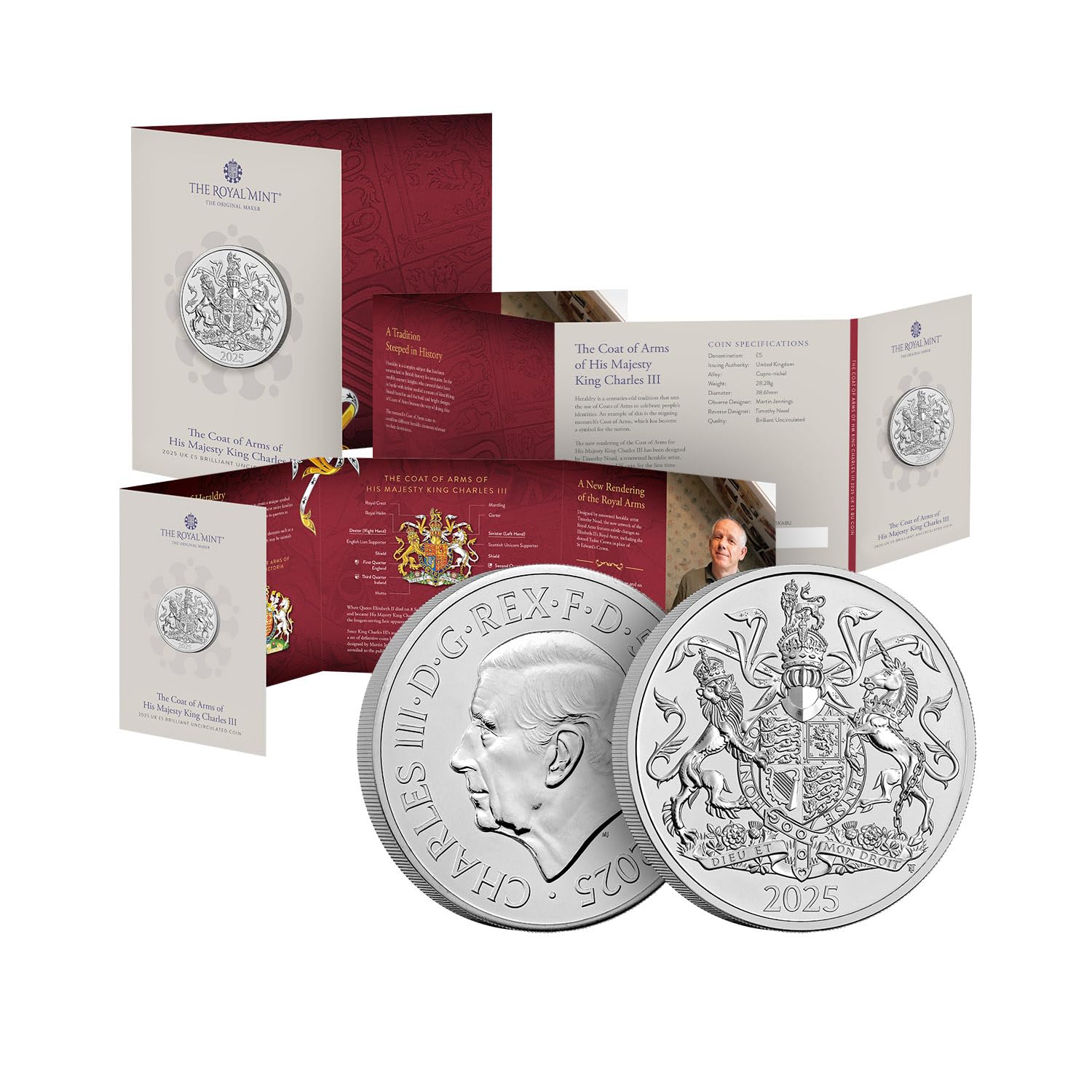 Royal Mint The Coat of Arms of His Majesty King Charles III UK 2025 BU £5 Coin, Silver, 38.61 mm