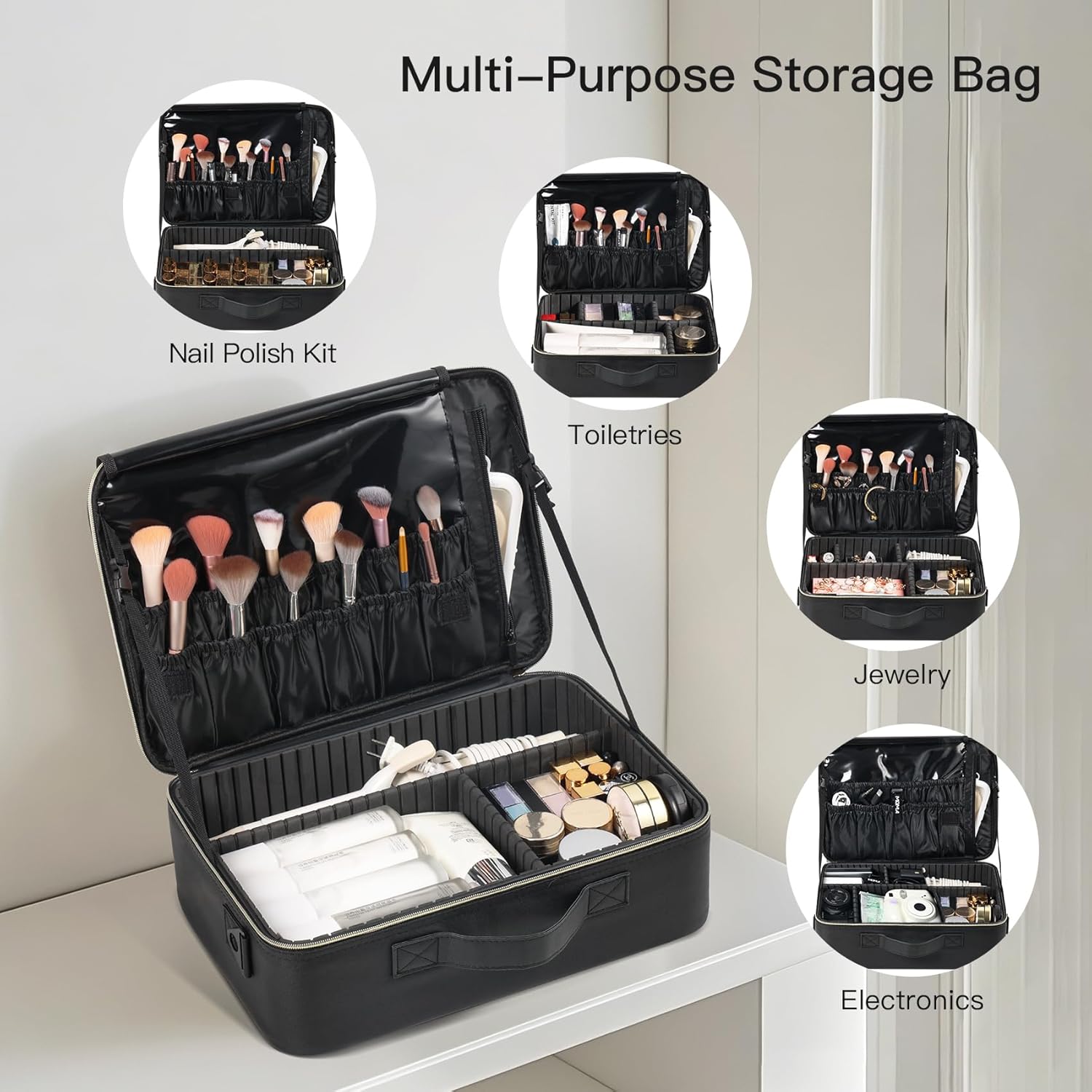 Makeup Travel Case, 16 Inch Makeup Artist Bag with Compartment and Dividers, Portable Cosmetic Bag for Women with Brush Storage Sturdy Dual Zip Closure, Waterproof, Durable, Gift for Her, Black
