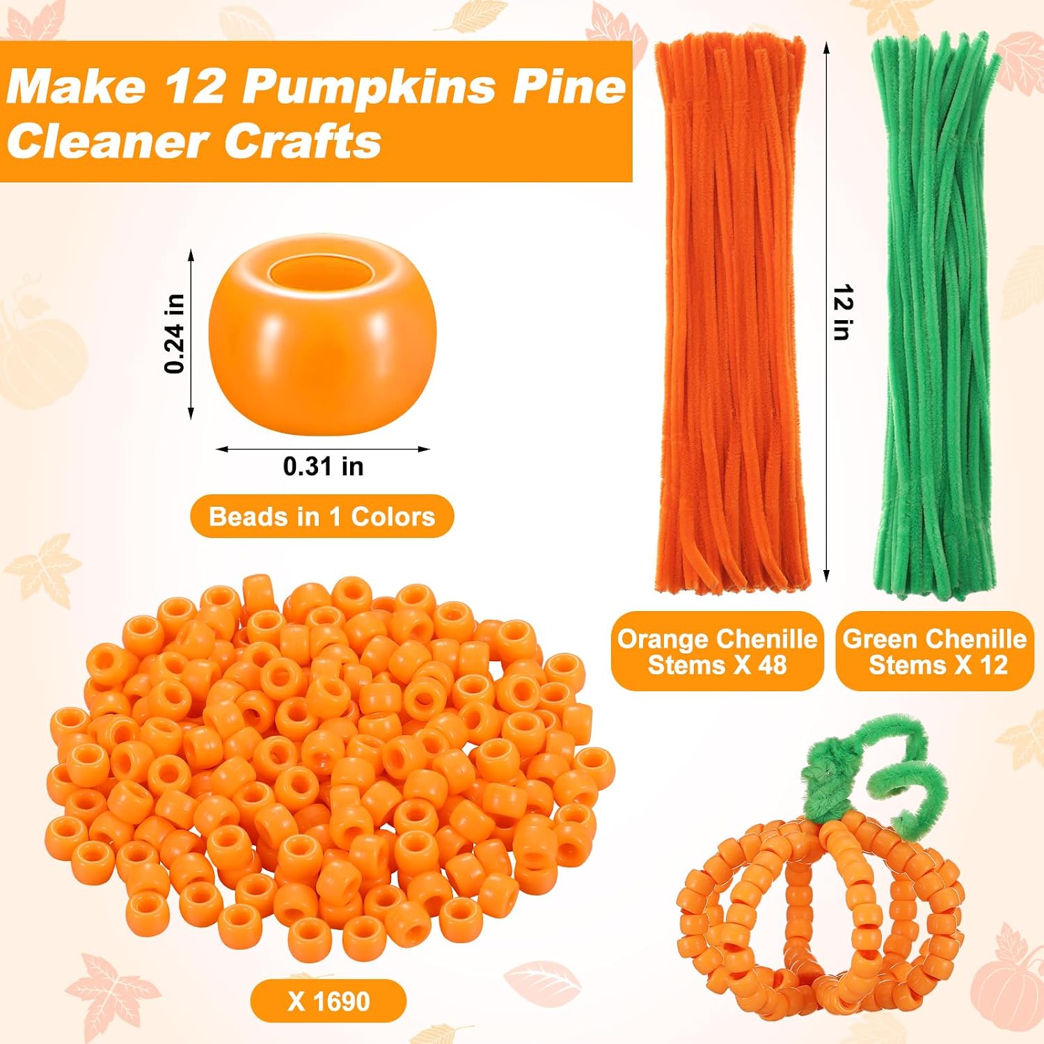 Vicenpal 12 Sets Fall Beaded Pipe Cleaner Pumpkin Craft Orange Autumn Ornament Craft Thanksgiving Pony Beads for DIY Decorations Making Supplies