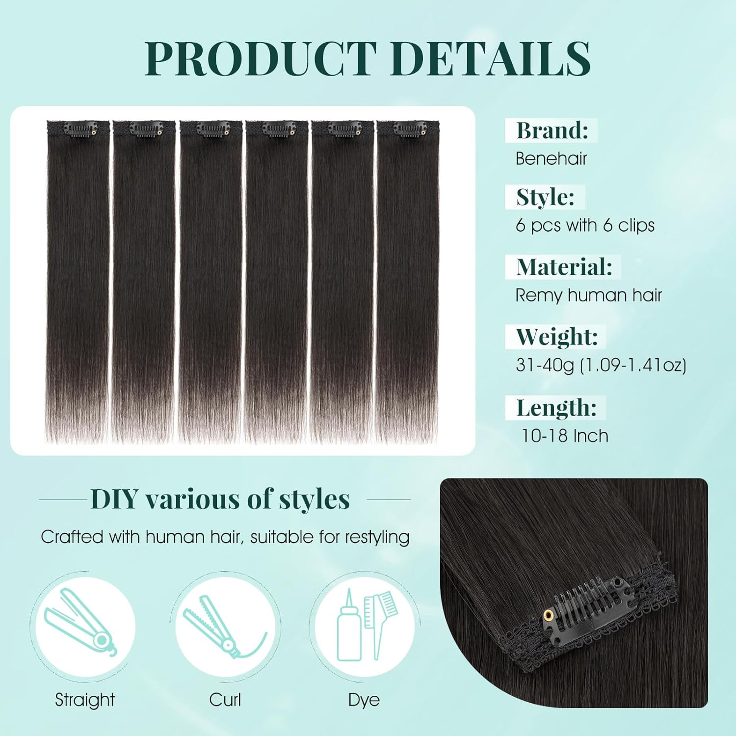 Benehair 6 PCS Clip in Short Hair Extensions 100% Real Human Hair Seamless & Invisible for Women Instant Volume Highlight Length for Daily Use 10" Natural Black
