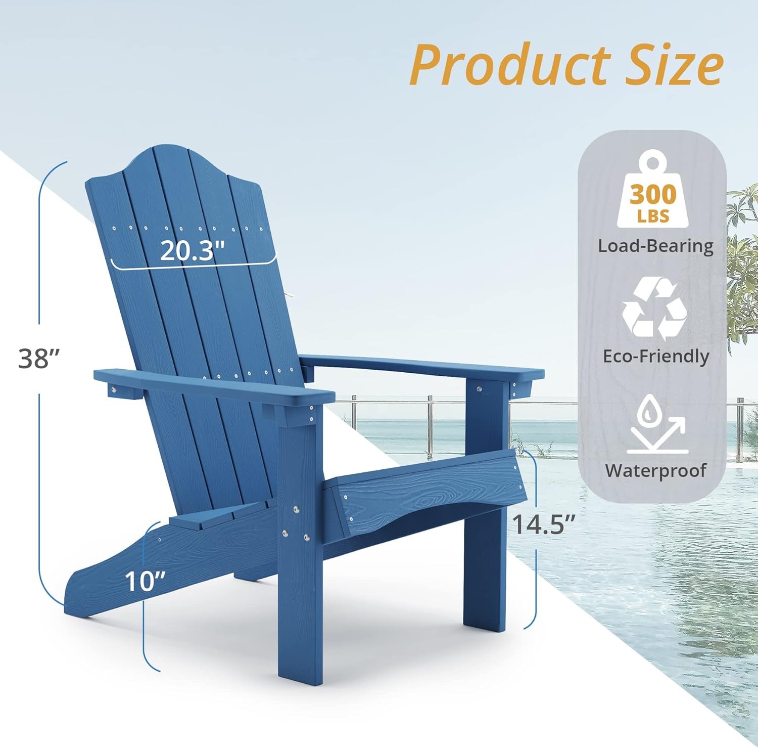 LUE BONA Adirondack Chair, Navy Blue Poly Adirondack Fire Pit Chairs, Modern Plastic Adirondack Chair Weather Resistant for Patio, Porch, Deck, Pool, Garden, Backyard