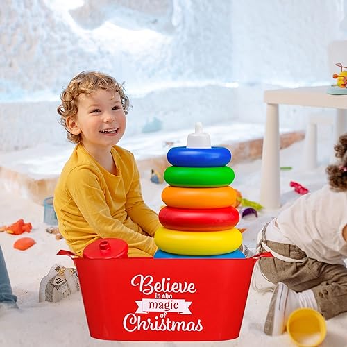 Miniatura 7 de LSM - Cubo ovalado de Navidad con asas, cesta decorativa de plástico con asas, almacenamiento decorativo para bebidas, bebidas, dulces, verduras,