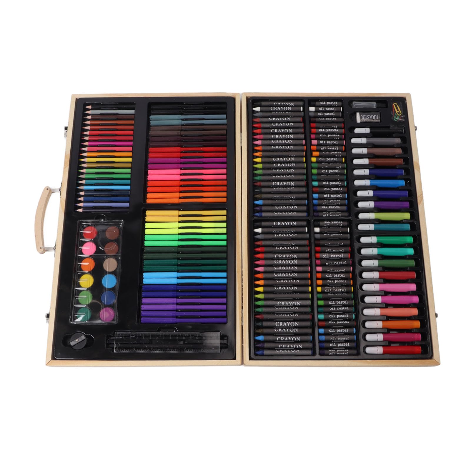 Kinder-Malset, Holz-Kunstset, vielseitiges Kunstmaterial für Kinder mit 12 Aquarellkreiden, 40 Wachsmalkreiden, 40 Ölpastellen, 56 Filzstiften und 20 Bleistiften, sortiert in einer