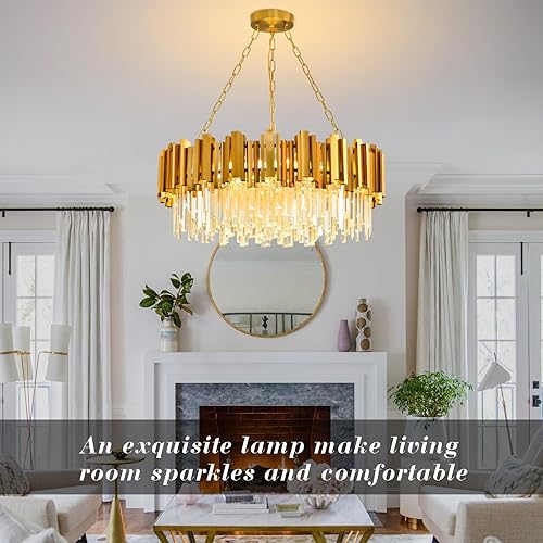 Miniatura 2 de Moderno candelabro de cristal dorado colgante de techo con 12 luces, candelabros redondos de cristal para comedor, lámpara colgante de cristal, para