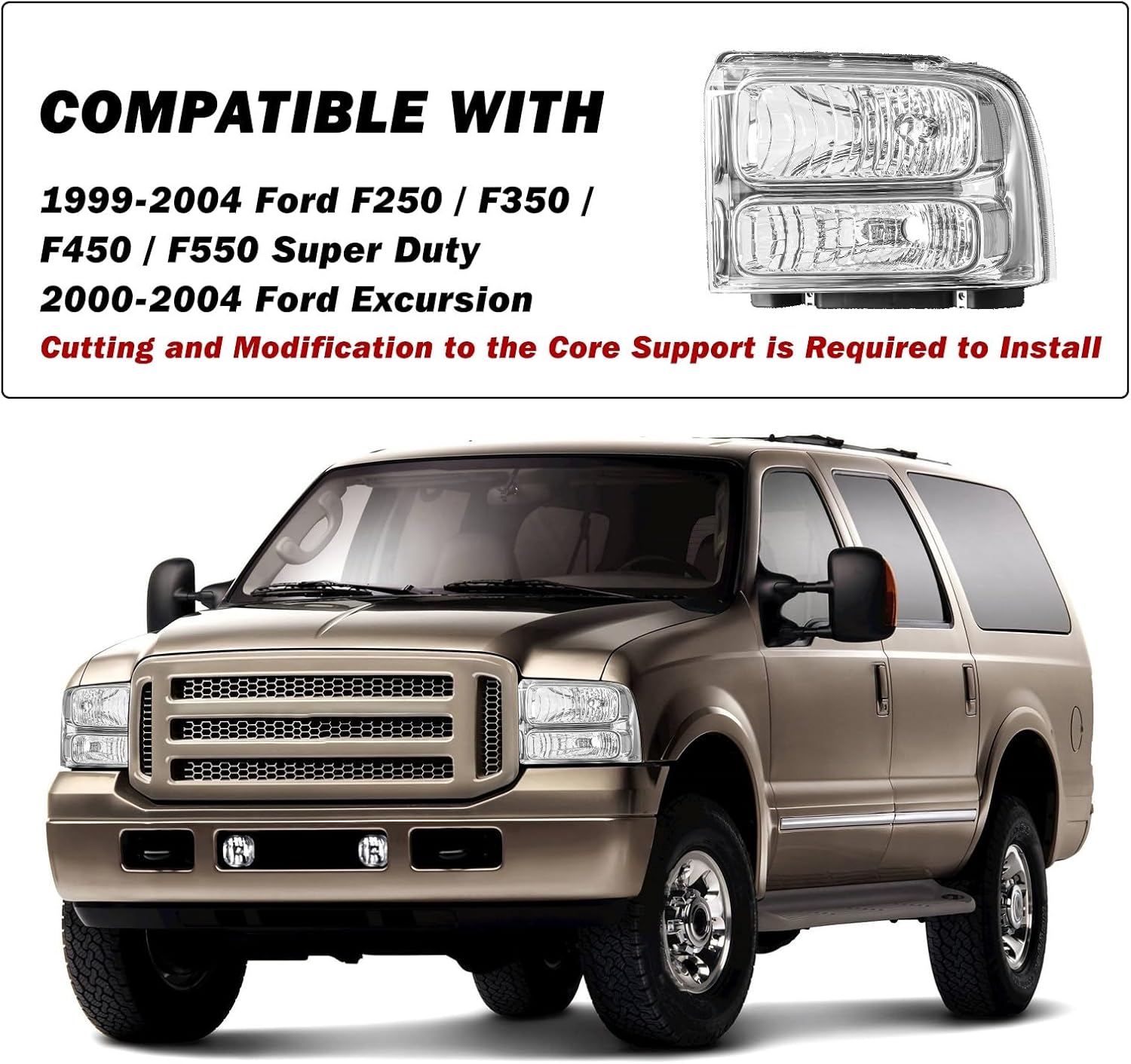 SOCKIR Headlight Assembly Fit for 1999-2004 F250 F350 F450 F550 Super Duty / 2000-2004 Excursion Chrome Housing Clear Reflector