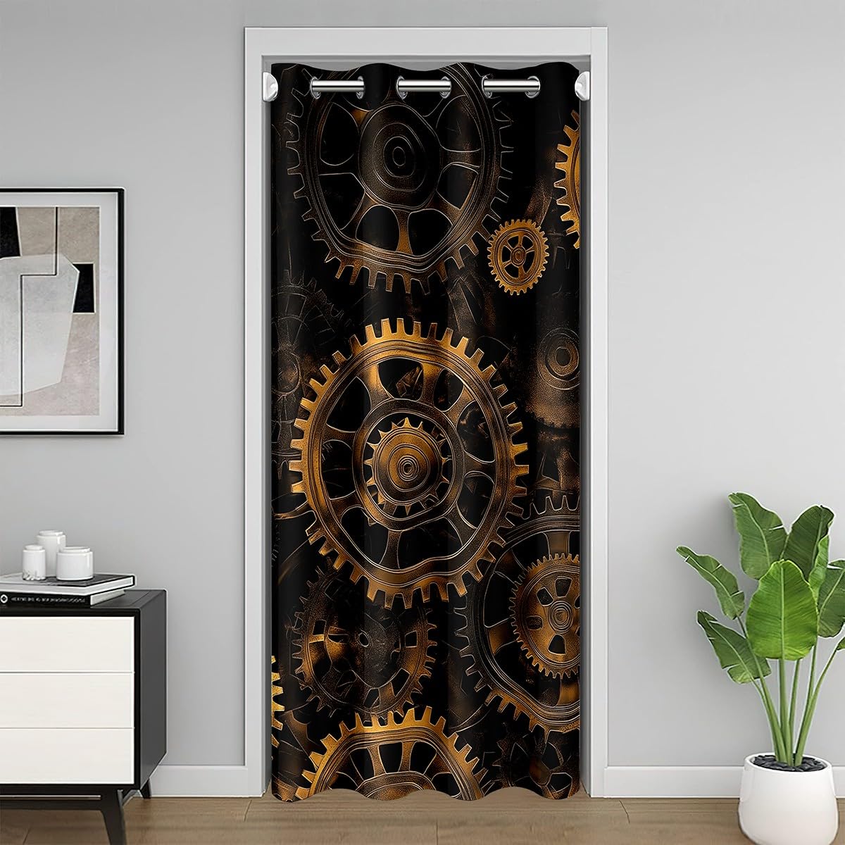Golden Ndustrial Gear Door Curtain For Doorways Closet, Steampunk Style Blackout Curtain, Clocks Theme Doorway Curtain For Kids Boys Teens Men, Retro