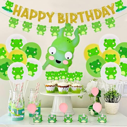 Miniatura 4 de Cheereveal Kit de decoración de fiesta de cumpleaños de rana con pancarta de feliz cumpleaños, decoración de pasteles, globos de látex de rana,