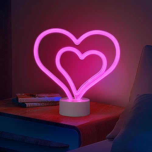 Pink Neon Lights for Bedroom - Cute Heart Neon Sign for Home Room Table&Desk&Tabletop Decor,Battery Powered Lighted Up Decoration for Teen Girls Women,Heart Shaped LED Night Lamp,Wedding, Party Gifts