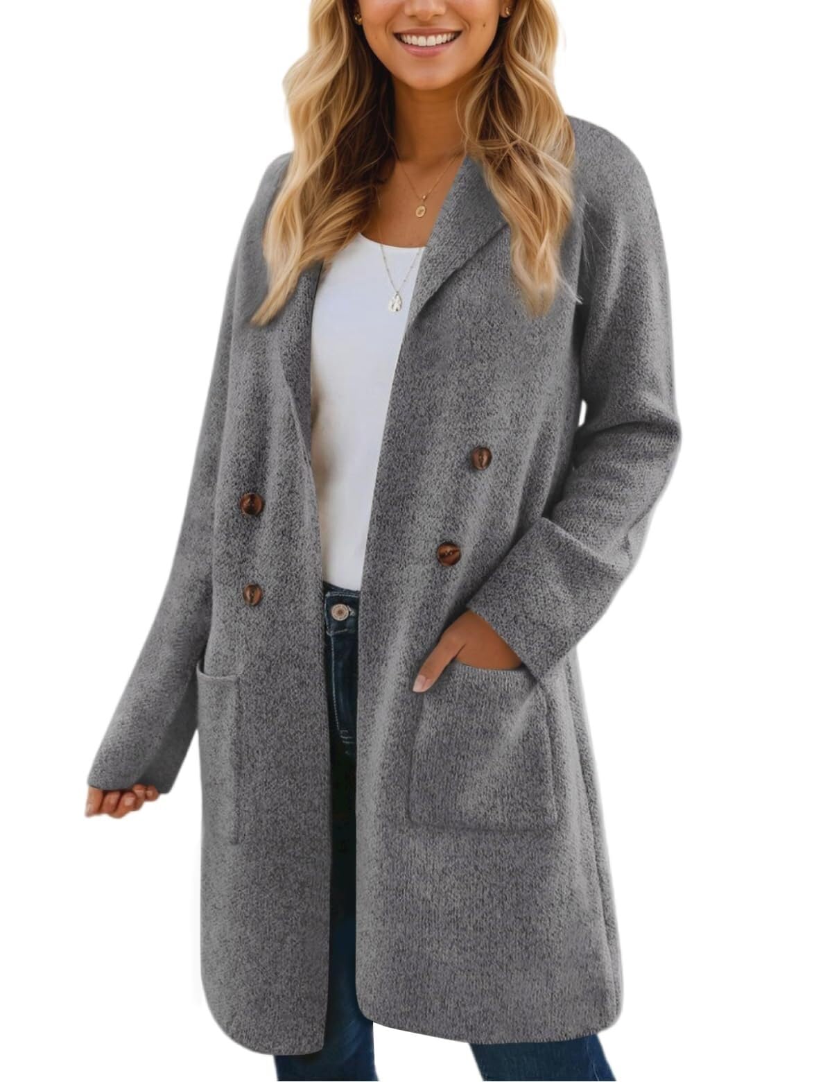 Lockenstab Women's Autumn Long Cardigan Pullover Trendy Cardigan Coat Elegant Blazer Coat, gray, L