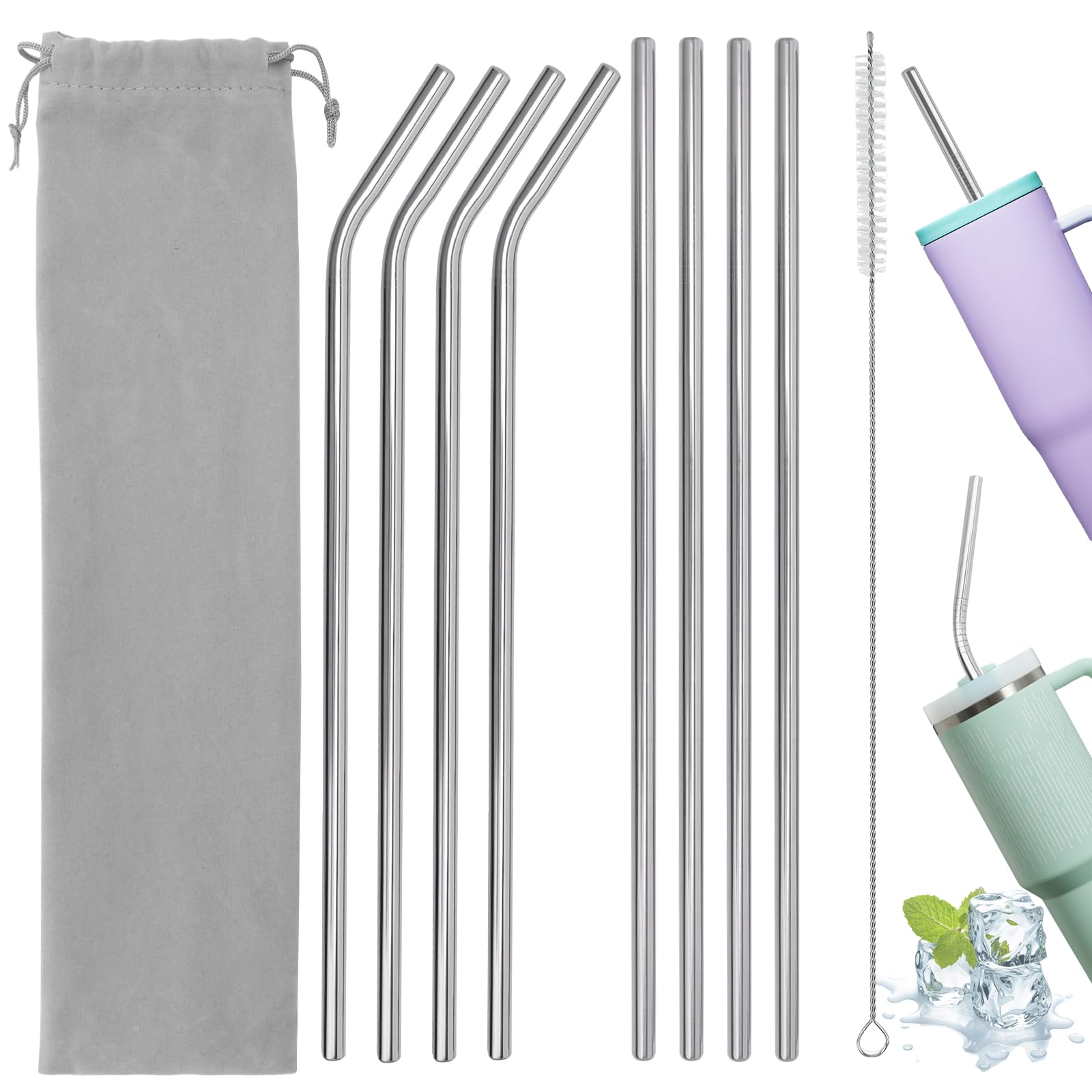Pack de 8 pajitas de acero inoxidable 304 reutilizables de 31 cm con cepillo y bolsa, pajitas extra largas para vasos de 40 oz, batidos y bebidas frías