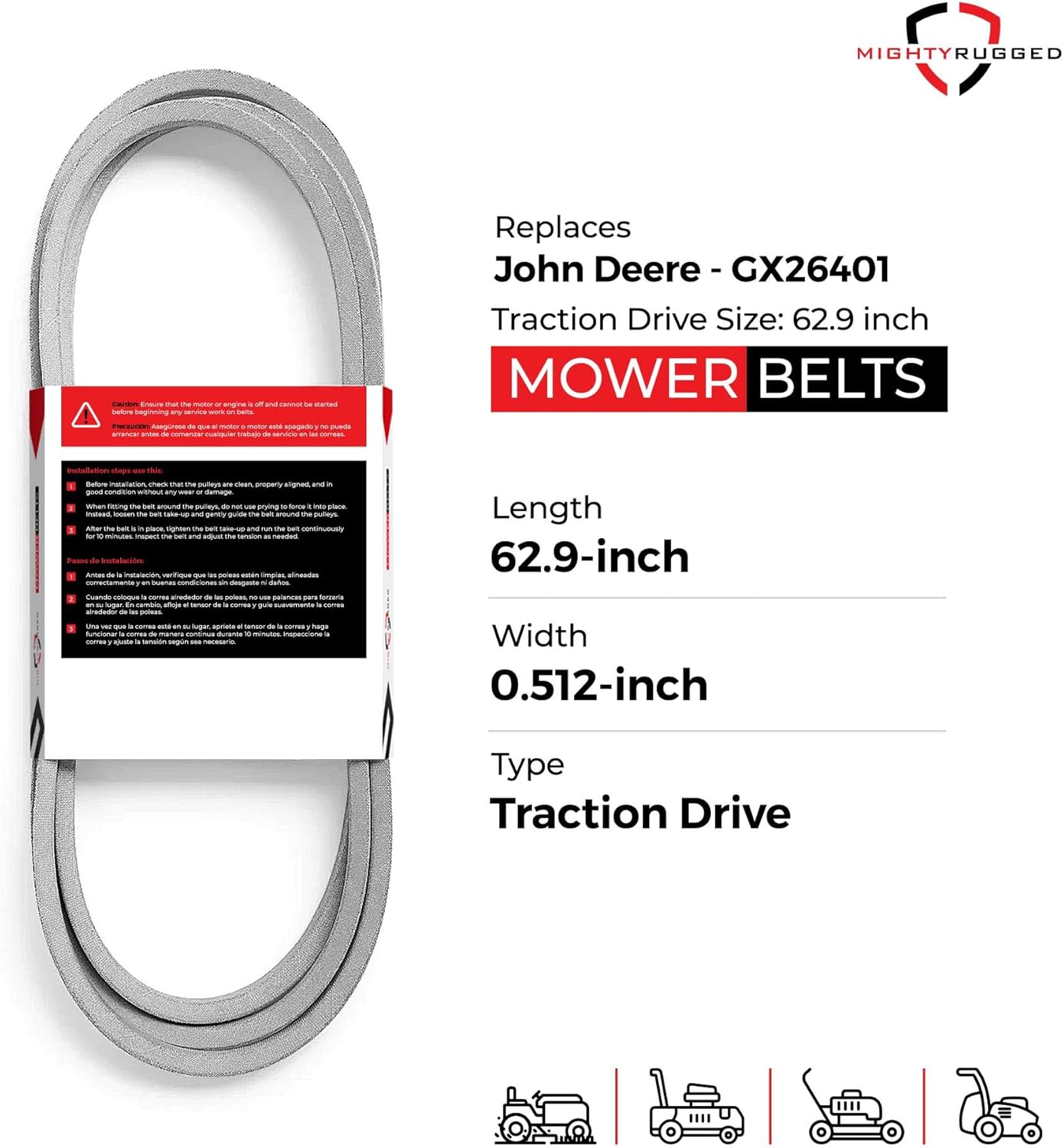 MightyRugged GX26401 John Deere Traction Drive Belt Replacement - Heavy-Duty, Durable, Aramid Cord Mower Traction Drive Belt for Z200 and Z300 Series Mower - Z335E