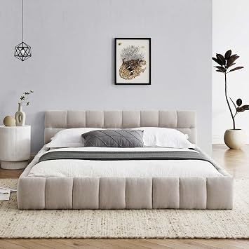 Queen Beige Chenille Low Profile Upholstered Platform Bed Frame