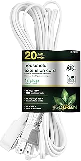 Go Green Power 20ft White Extension Cord, 3 Outlets, 16/2 Gauge, Indoor Use, Child-Safe Covers, UL Listed for Home & Office Electronics