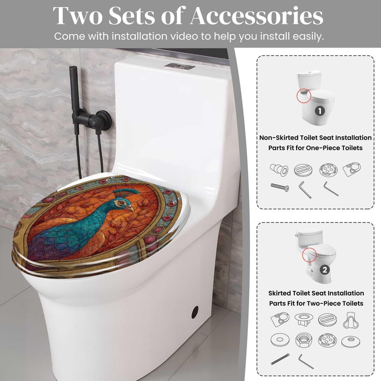 Elongated Toilet Seat Majestic Stained Glass Art Nouveau Style Decor Resin Toilet Seat Quietly Close Quick Release Hinges with Cover Bumpers Decorative Easy to Install Clean