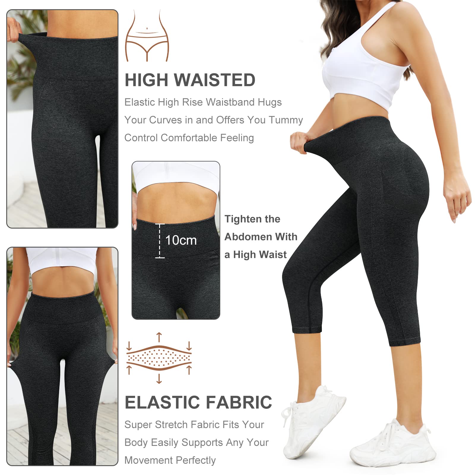 Leggins Mujer Push Up 3/4 Capris Mallas Pantalones Deportivos Anticeluliticos Yoga Leggings de Cintura Alta Elásticos Barriga Control Pantalones Deporte para Fitness Correr