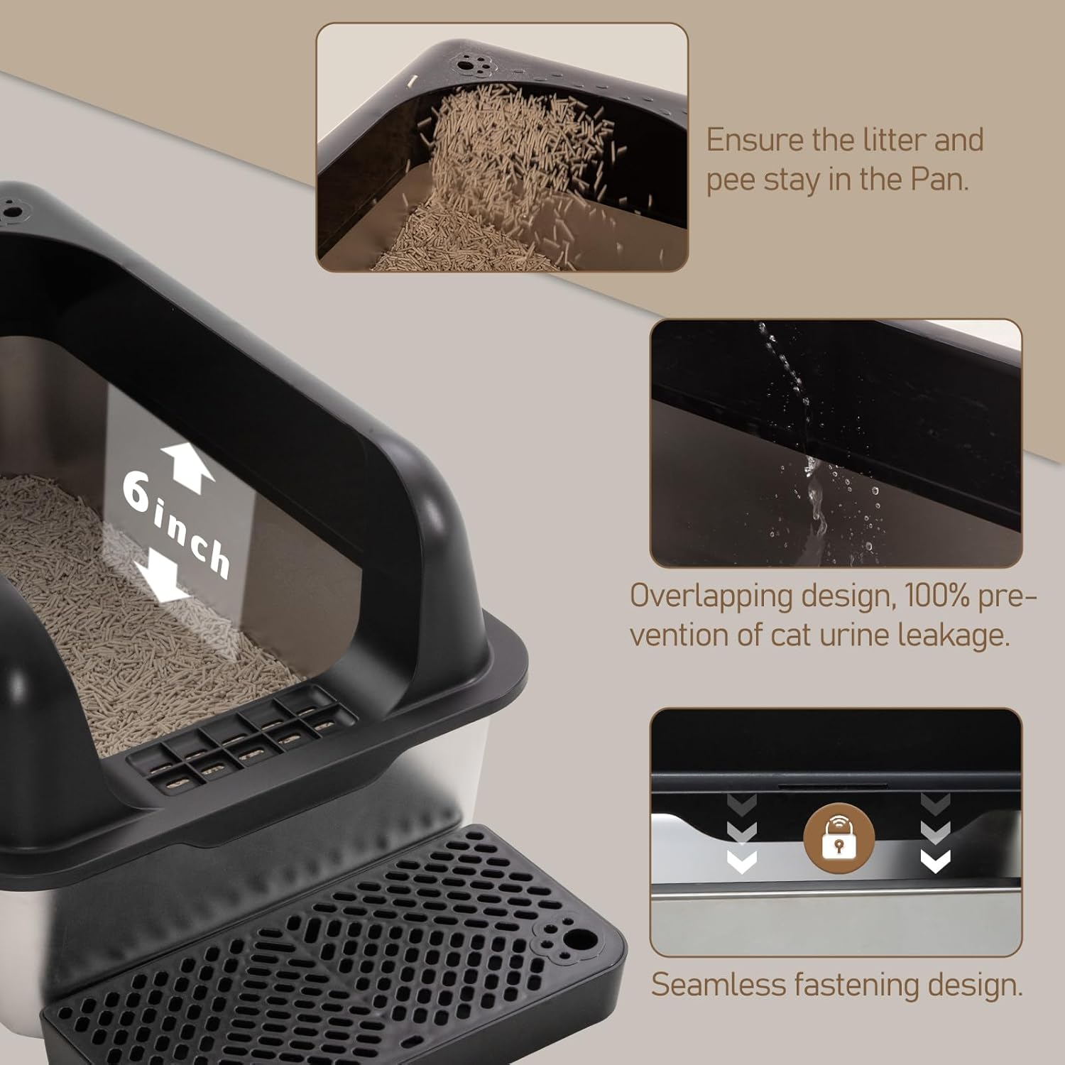 Cat Litter Box Stainless Steel XL with High Sides Enclosure Lid, Extra Large Covered Metal Kitty Litter Box with Litter Pan, Anti-Leakage & Odorless, Easy Cleaning, Litter Scoop Included,Black