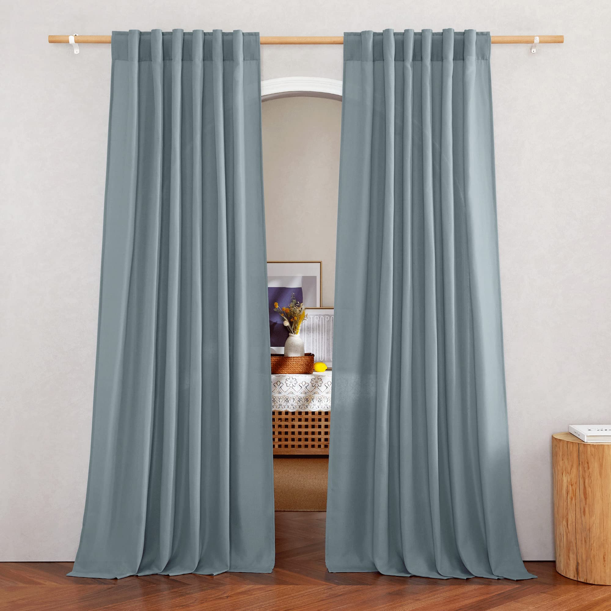 NICETOWN Thick Linen Stone Blue Curtains for Living Room, Rod Pocket & Back Tab Flax Linen Burlap Vertical Drapes Privacy Assured with Light Filtering for Bedroom, W55 x L84, 2 Pieces