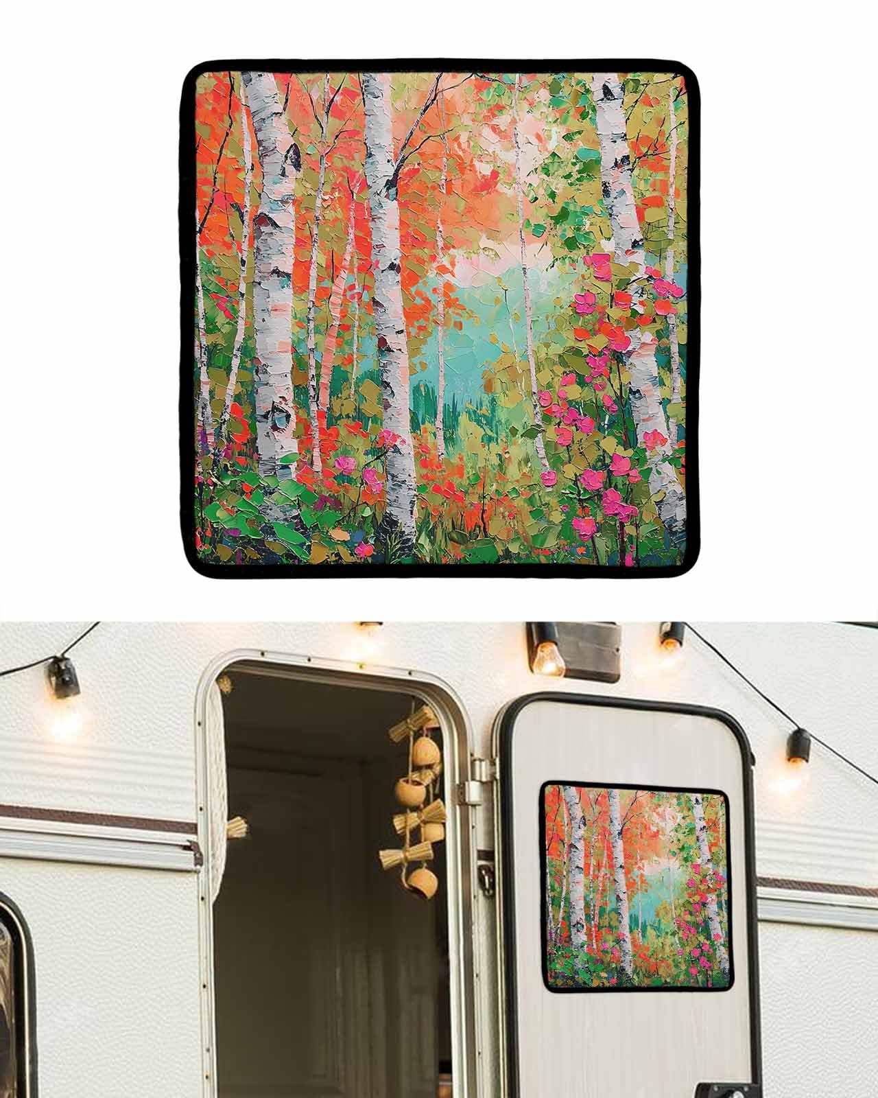LEOKOTI RV Door Window Shade, Oil Painting Blackout RV Window Shades Foldable, Modern Abstract Art Summer Tree Leaves Green Pink Privacy Insulation Car Covers 16