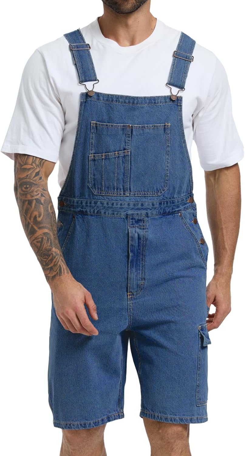WORK IDEA Men's Denim Overalls for Men Jean Shorts, 100% Cotton, Relaxed Fit, Multi-Pocket Design Jumpsuit
