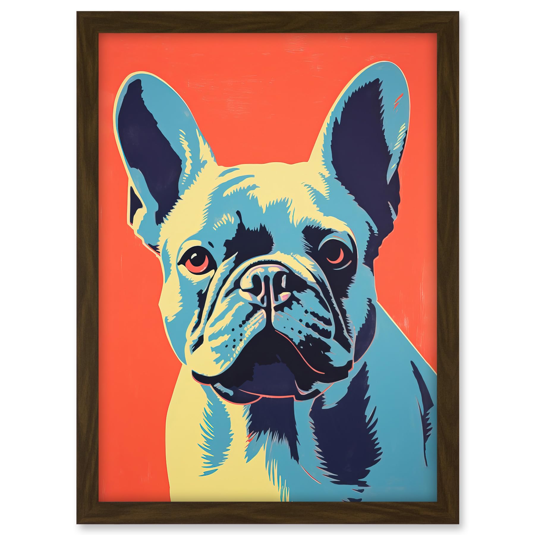 Artery8 French Bulldog Colour Block Artwork Coral Orange Blue Vibrant Pet Portrait Cute Artwork Framed A3 Wall Art Print